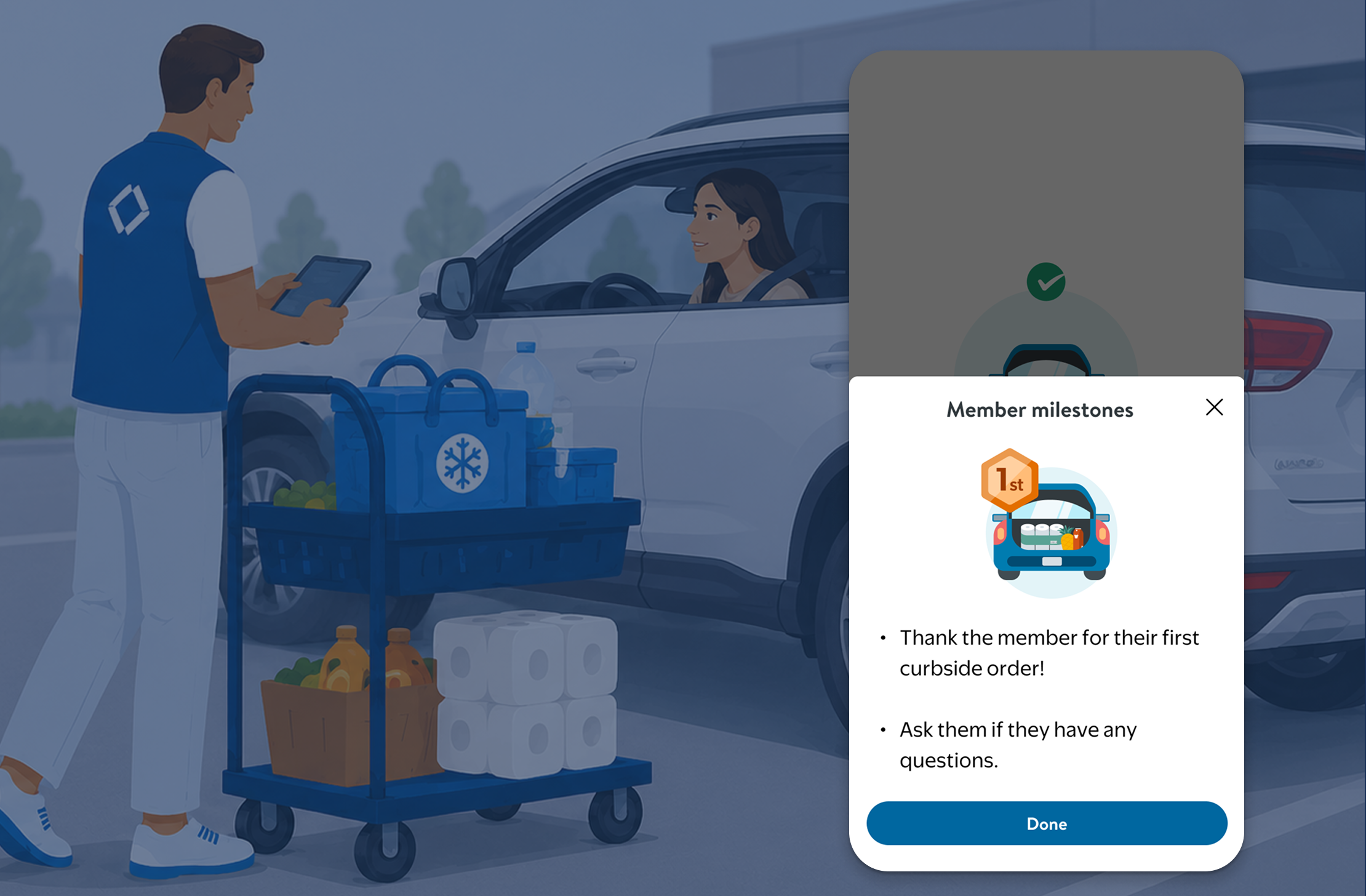 Associate at curbside with member milestones modal on screen