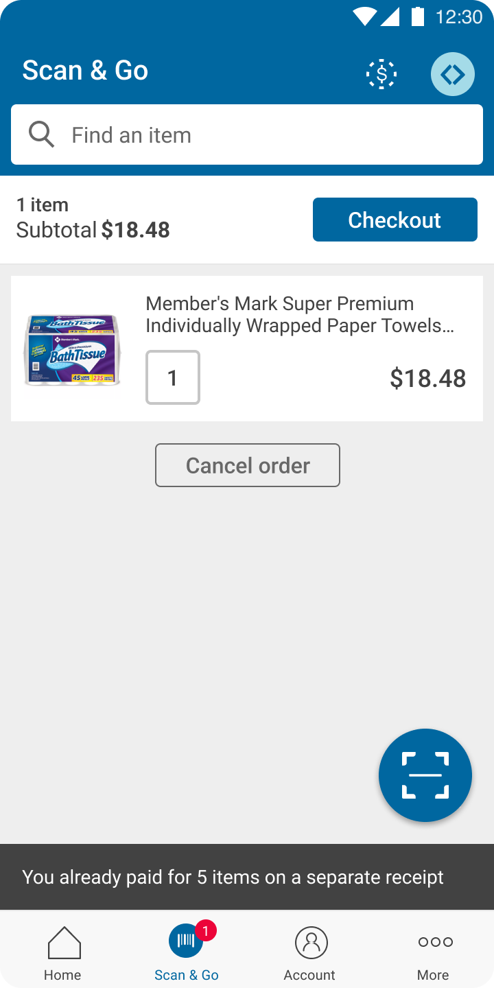 Second transaction cart with 'You already paid for 5 items on a separate receipt' banner