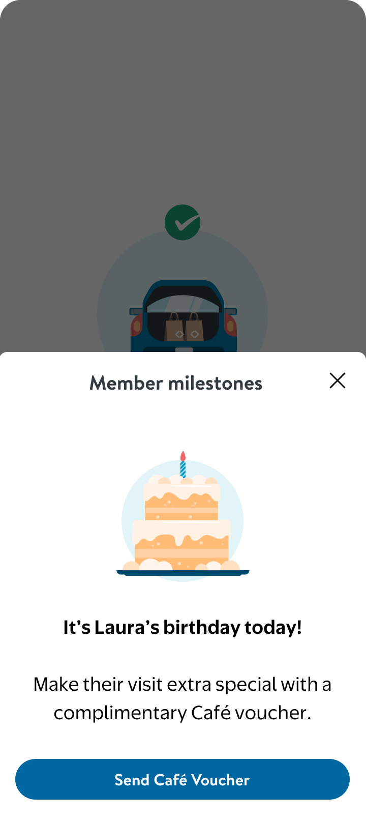 Associate view — It's Laura's birthday today! Send Café Voucher