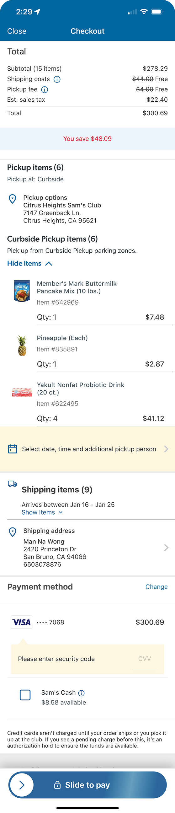 Before: old checkout — items expanded, address buried