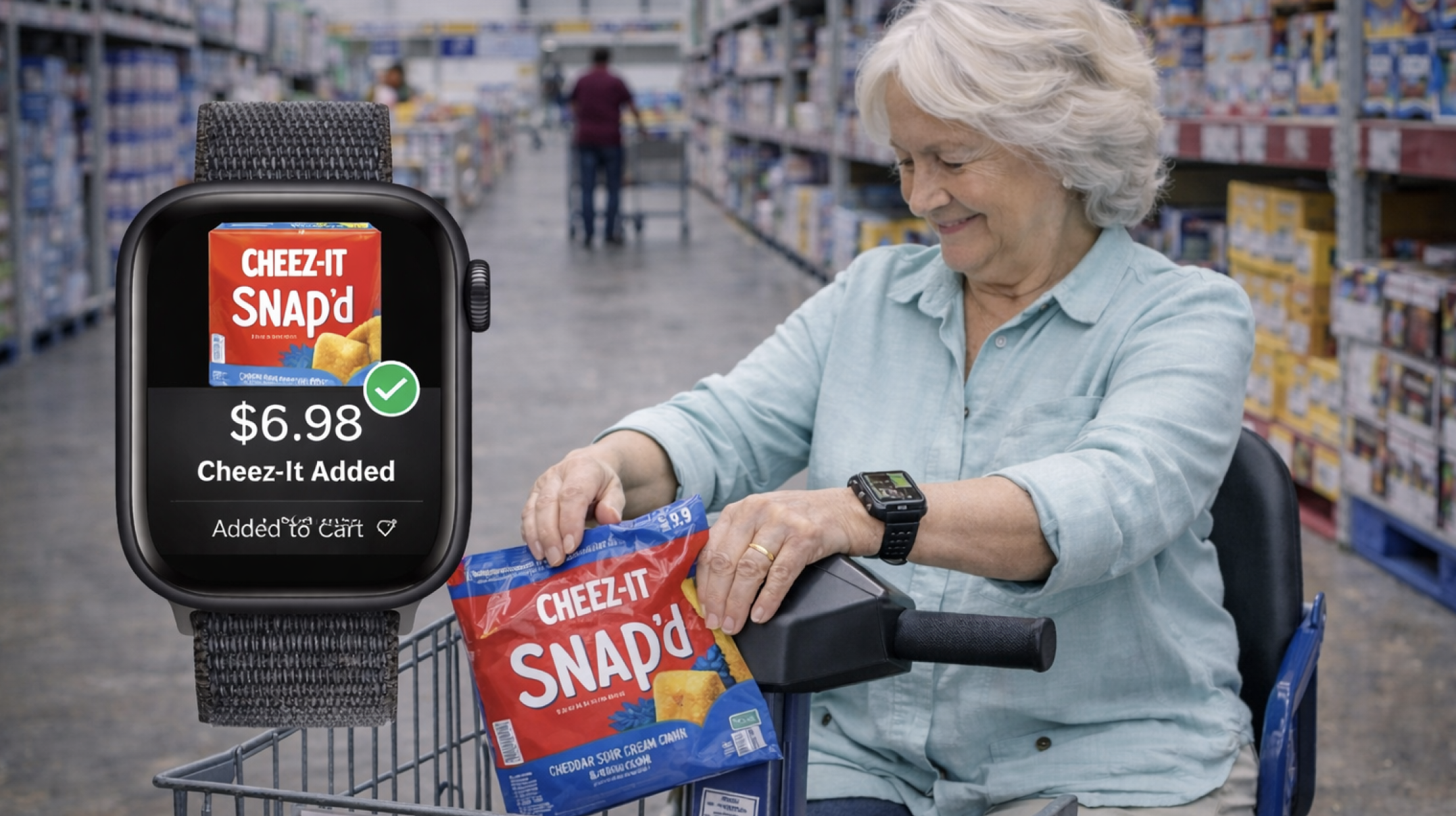 Smart Sync in action — senior member glances at watch as Cheez-It is added to cart