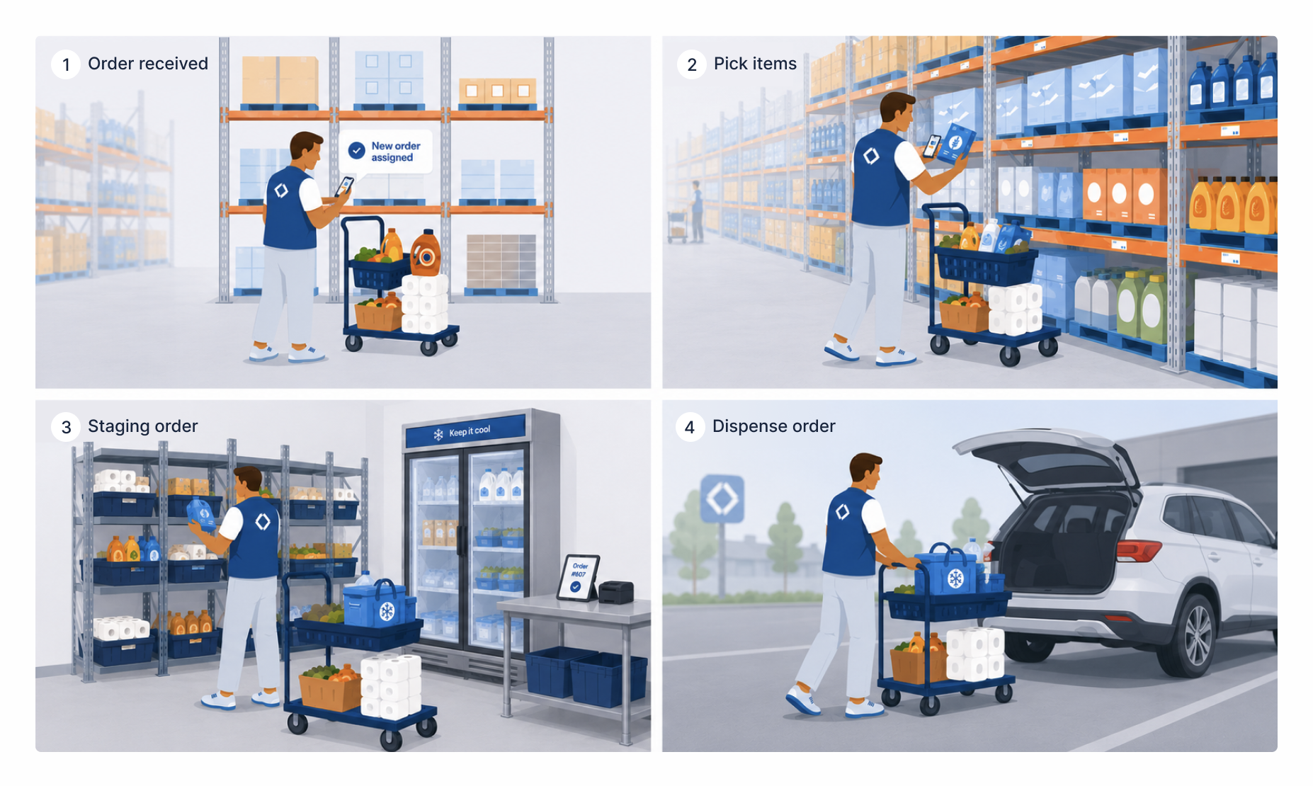 Four-panel illustration: 1 Order received, 2 Pick items, 3 Staging order, 4 Dispense order — showing the full curbside fulfillment workflow