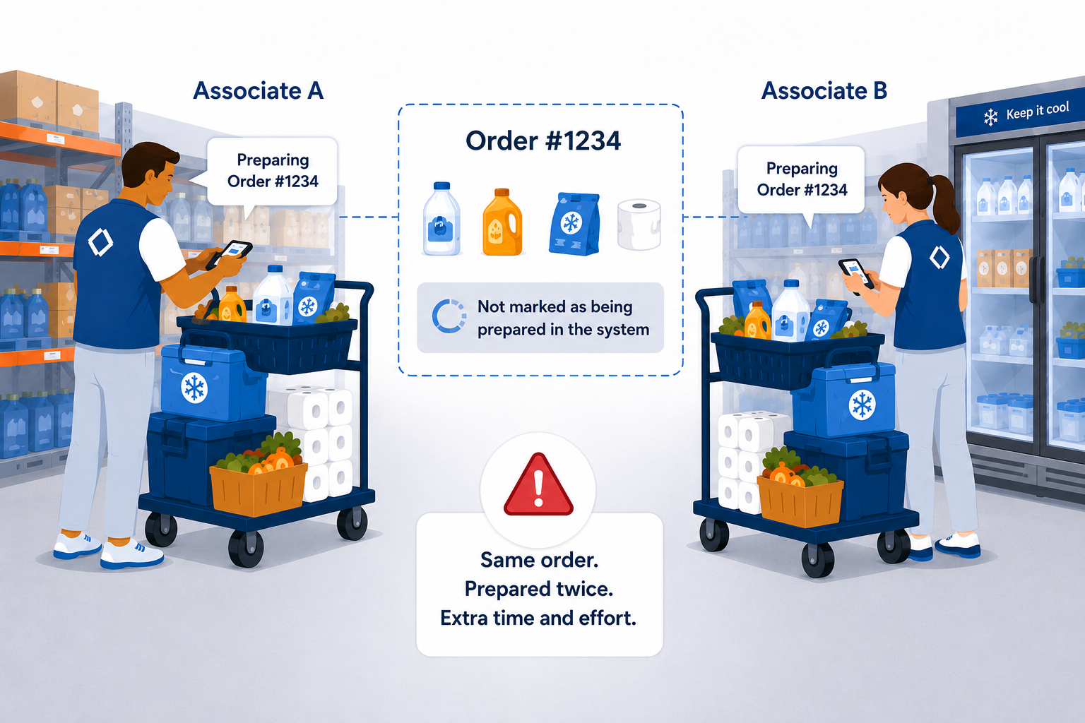 Two associates both preparing the same order simultaneously — same order, prepared twice, extra time and effort