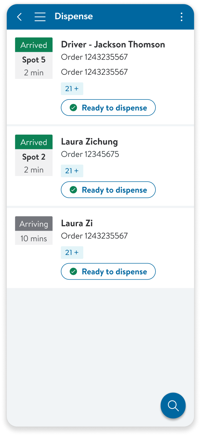 Dispense queue showing orders with Ready to dispense buttons