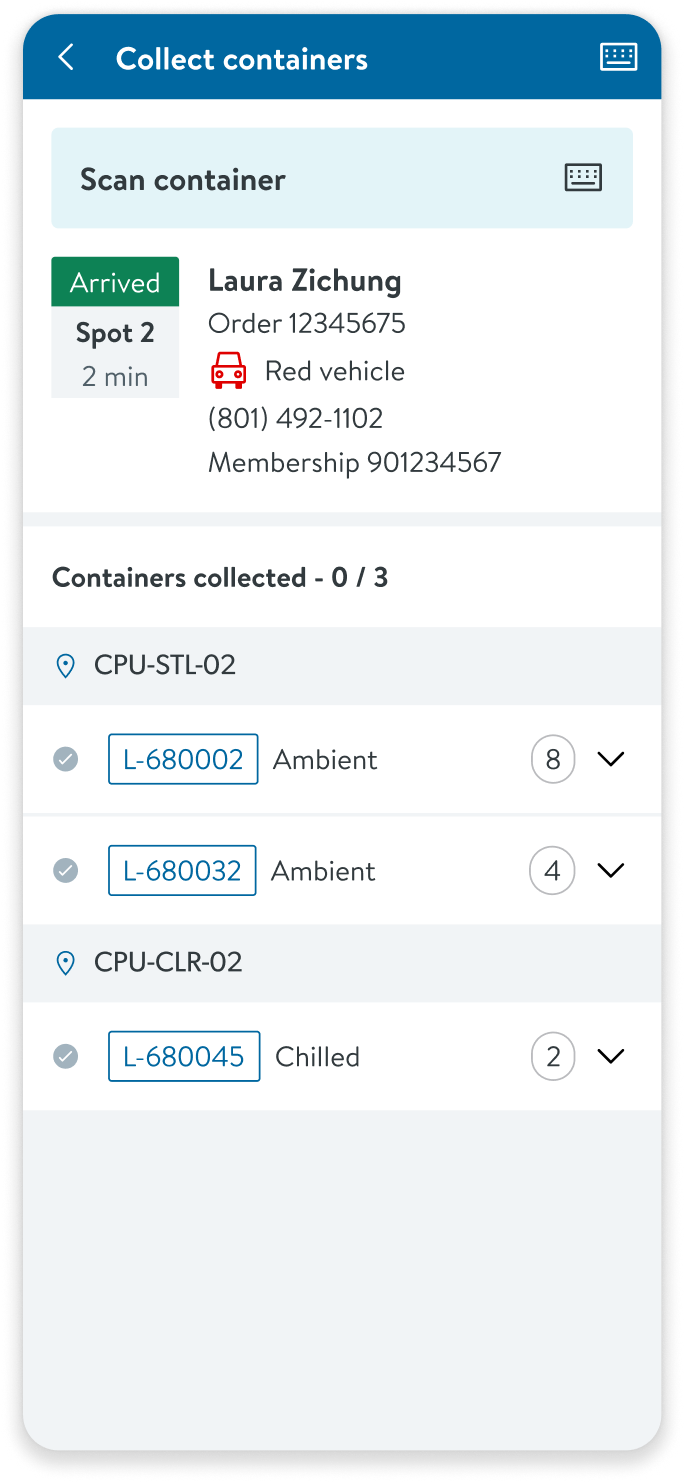 Collect containers screen showing container list with tap to expand interaction