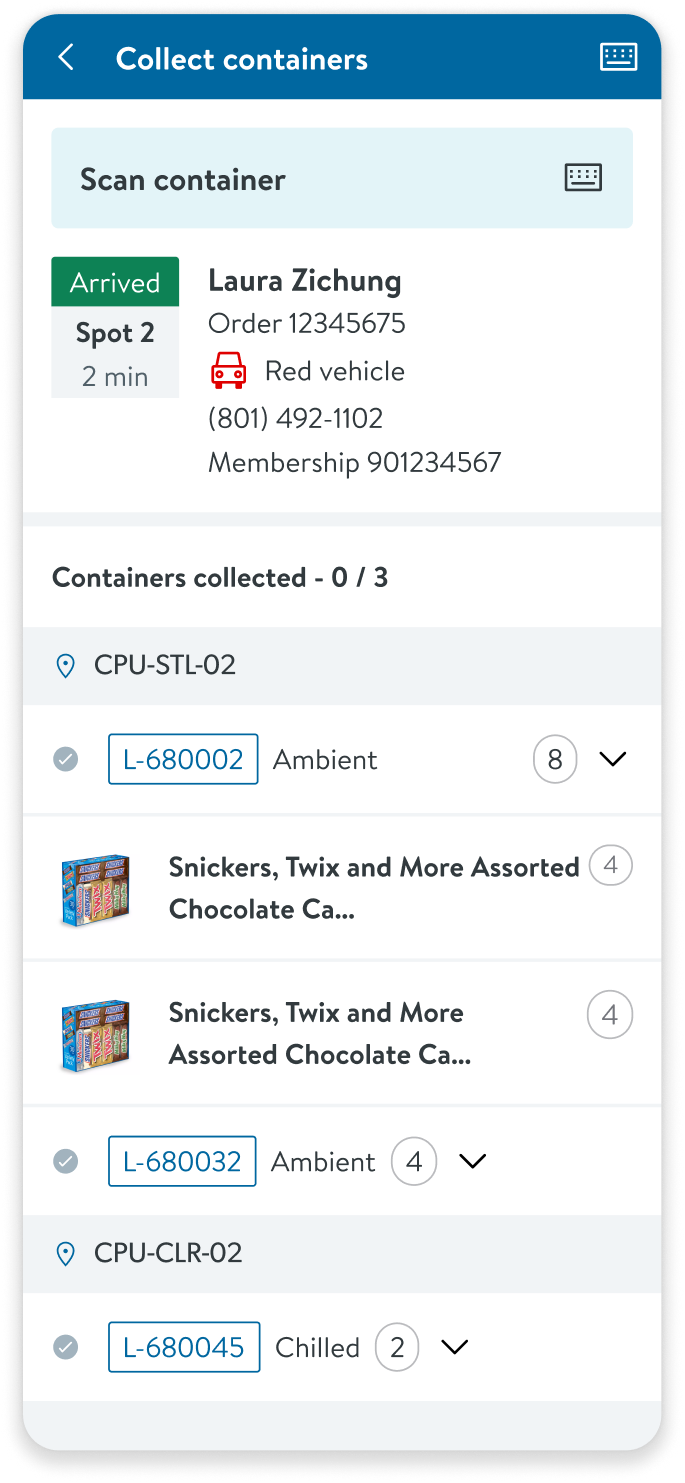 Collect containers screen with expanded item list showing Snickers and other products