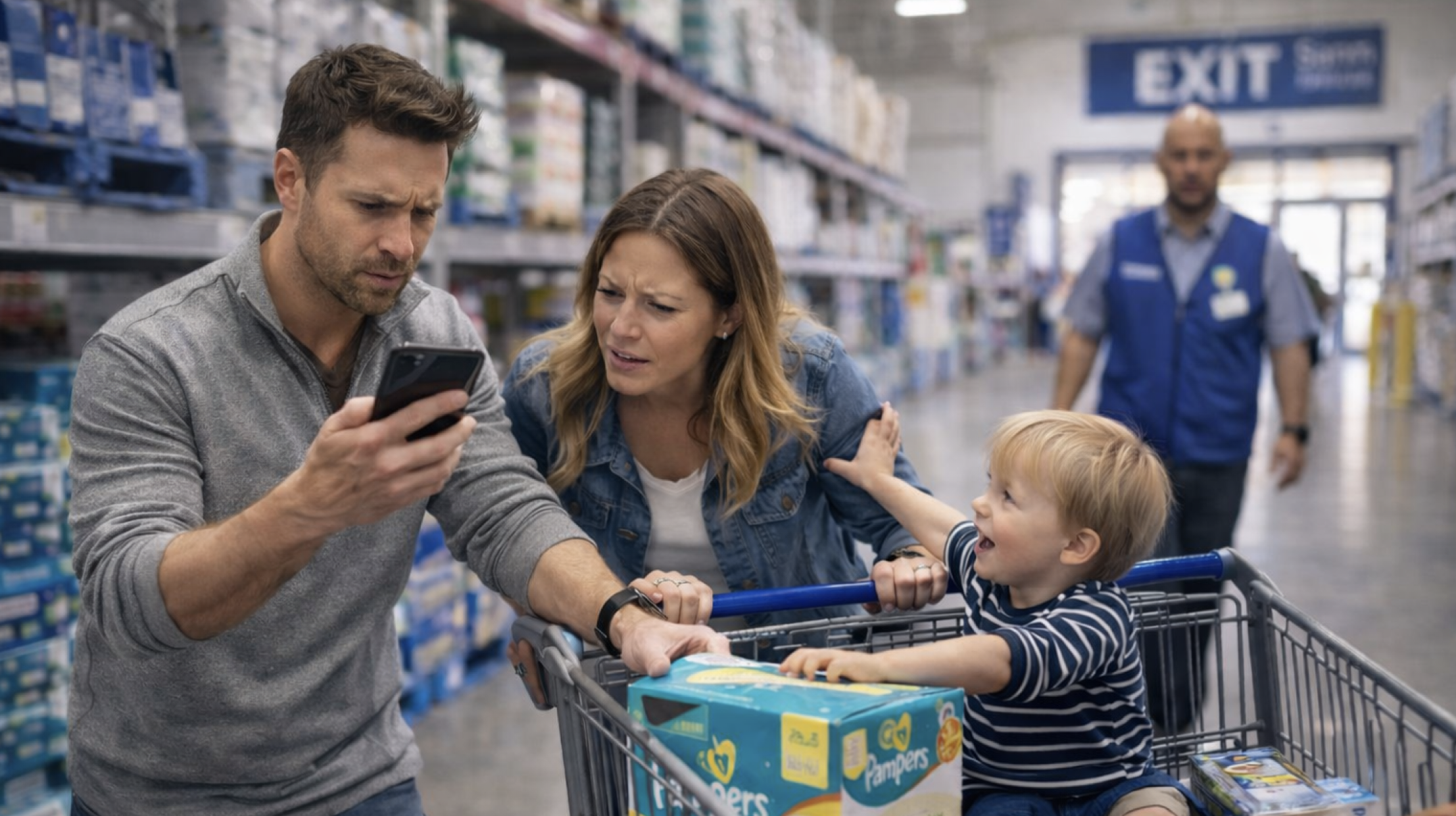 Family struggling with phone while scanning items in Sam's Club — the problem SNG Watch Companion solves