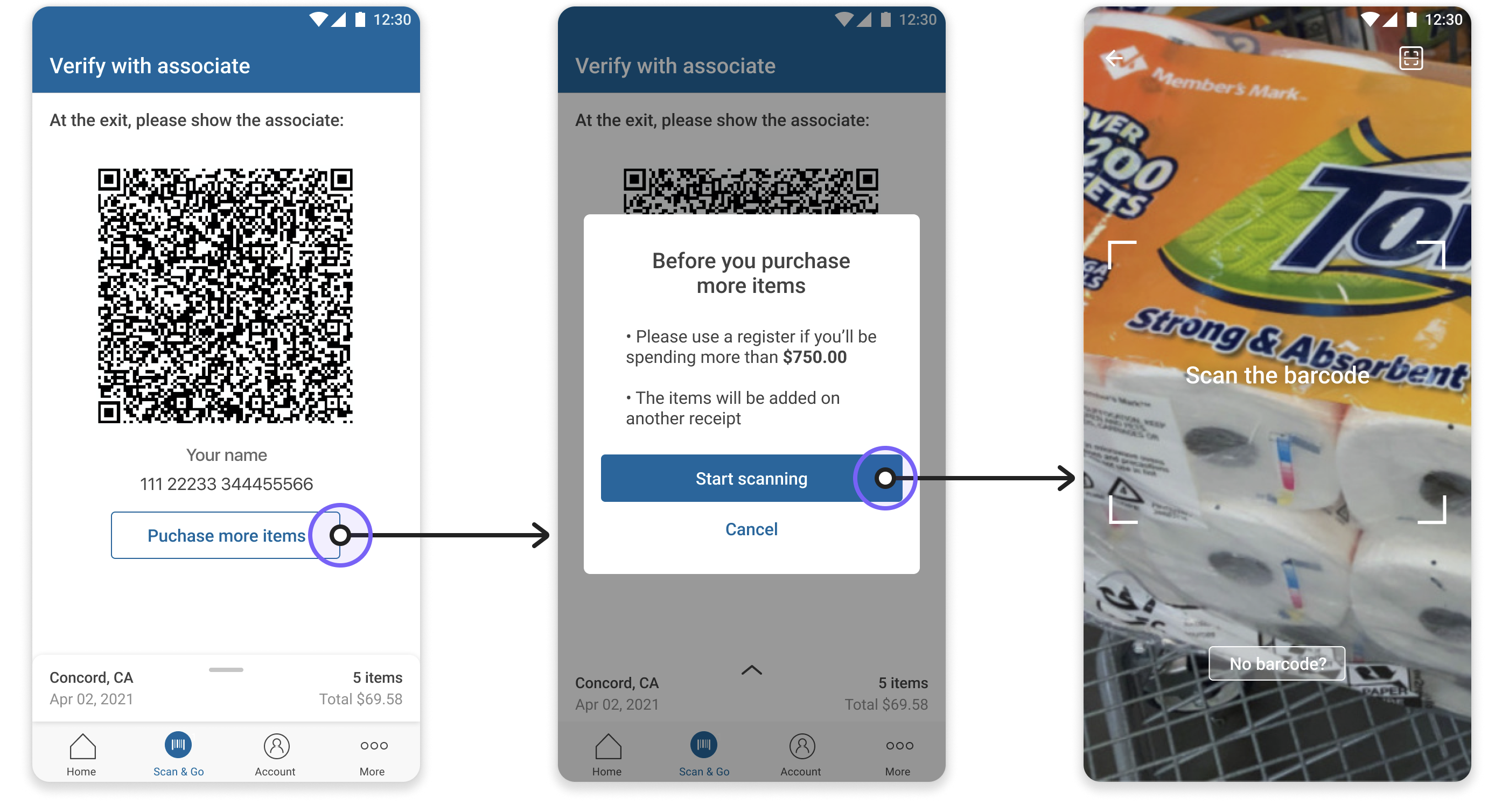 Purchase more items flow: entry point → before you purchase modal → scanning mode