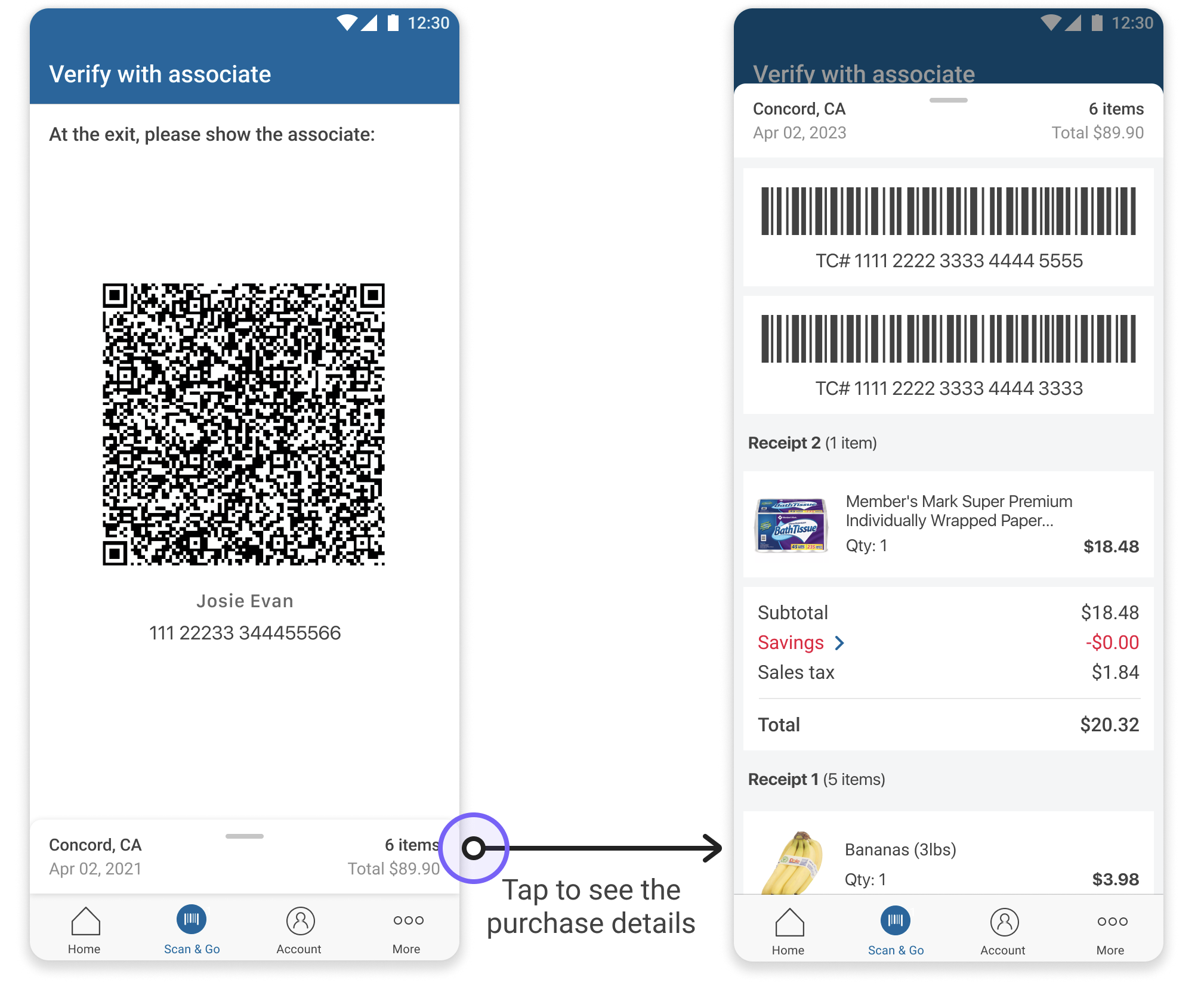 QR code screen: single transaction vs combined two-transaction receipt
