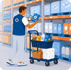 Associate pushing cart through warehouse aisles during pick walk