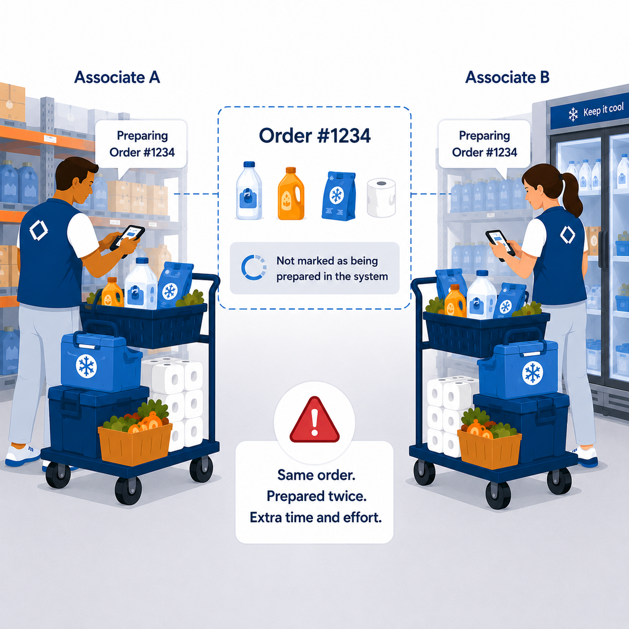 Associate retrieving chilled items from refrigerated section